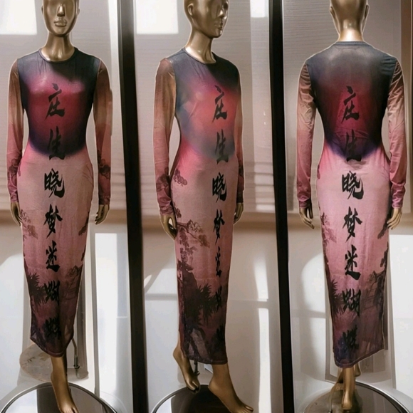 Boutique Dresses & Skirts - NWT Round Collar Oriental Text Print Mesh Bodycon Midi Dress Sz M